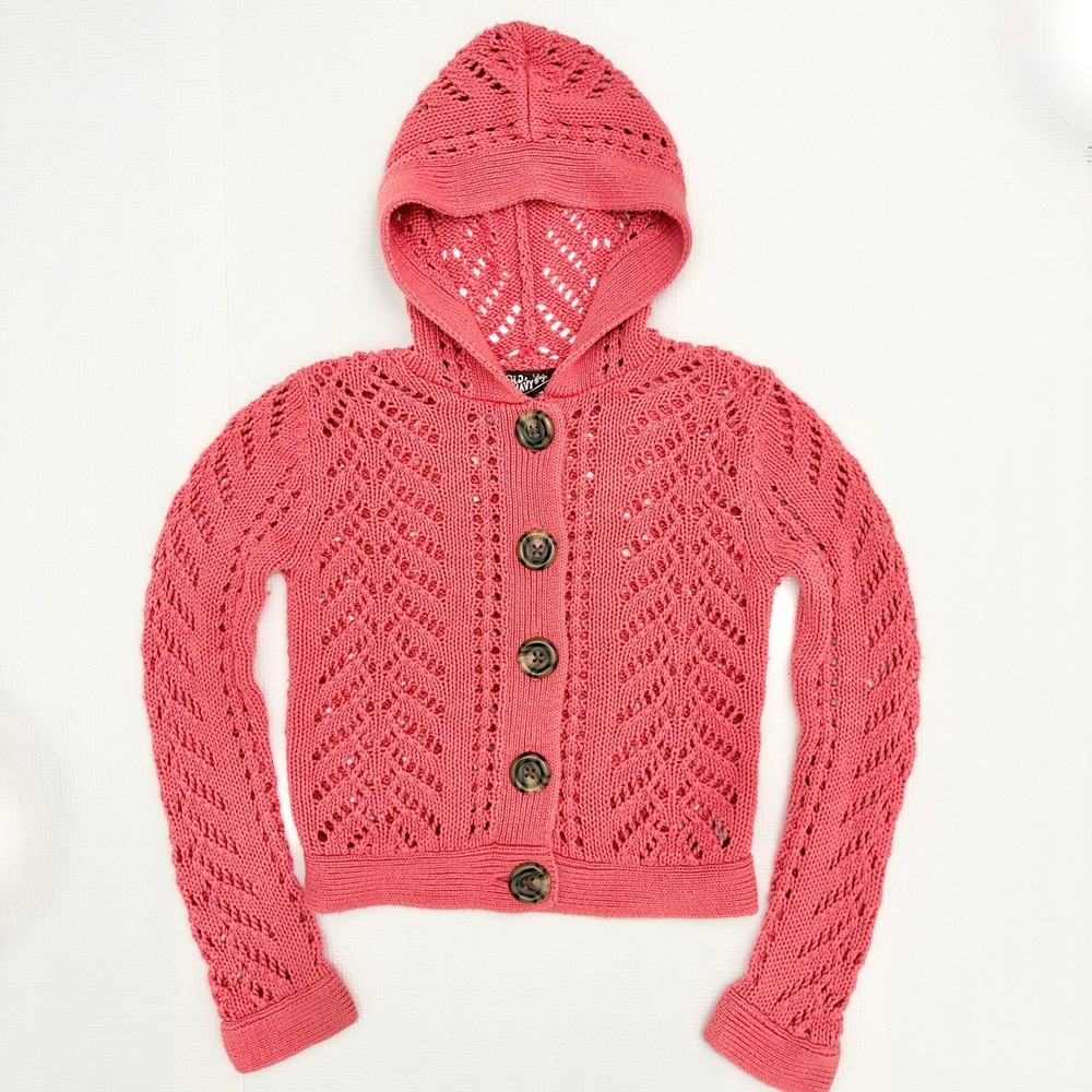Old Navy Cardigan VTG y2k Pointelle Knit Hooded Sweater Size L Pink boho cropped